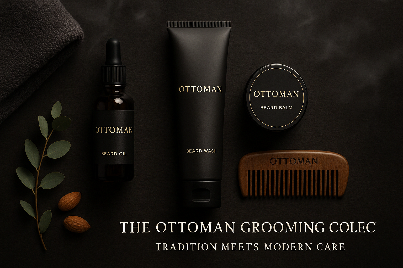 The Ottoman Grooming Collection premium beard care set displayed in a luxury box with grooming essentials including beard oil, comb, and scissors